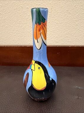Vtg Hand Painted Ceramic Vase by Eco Creaciones in Costa Rica w/Toucan Bird